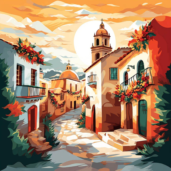 Broderie Diamant 25x25 – Eglise de village ensoleillé