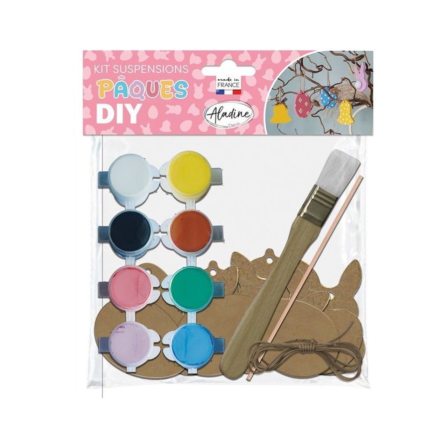 Kit suspensions Pâques DIY Oeufs, Cloches & Lapins (15 formes) - Peinture + ficelle