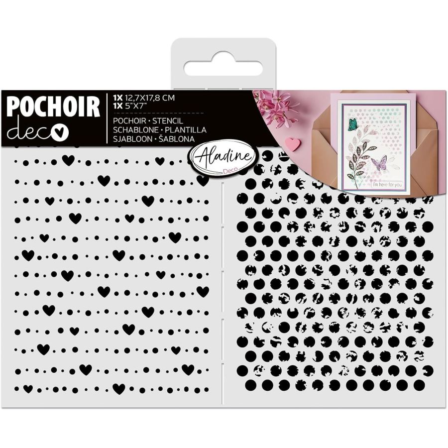 Aladine - Pochoir Cœurs & Pois Usés 13 x 18 cm (2 motifs) - Toutes surfaces