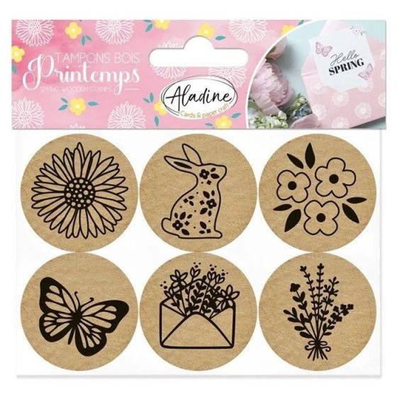 Lot de 6 tampons en bois ronds Printemps (motifs lapin, fleurs, papillon…)