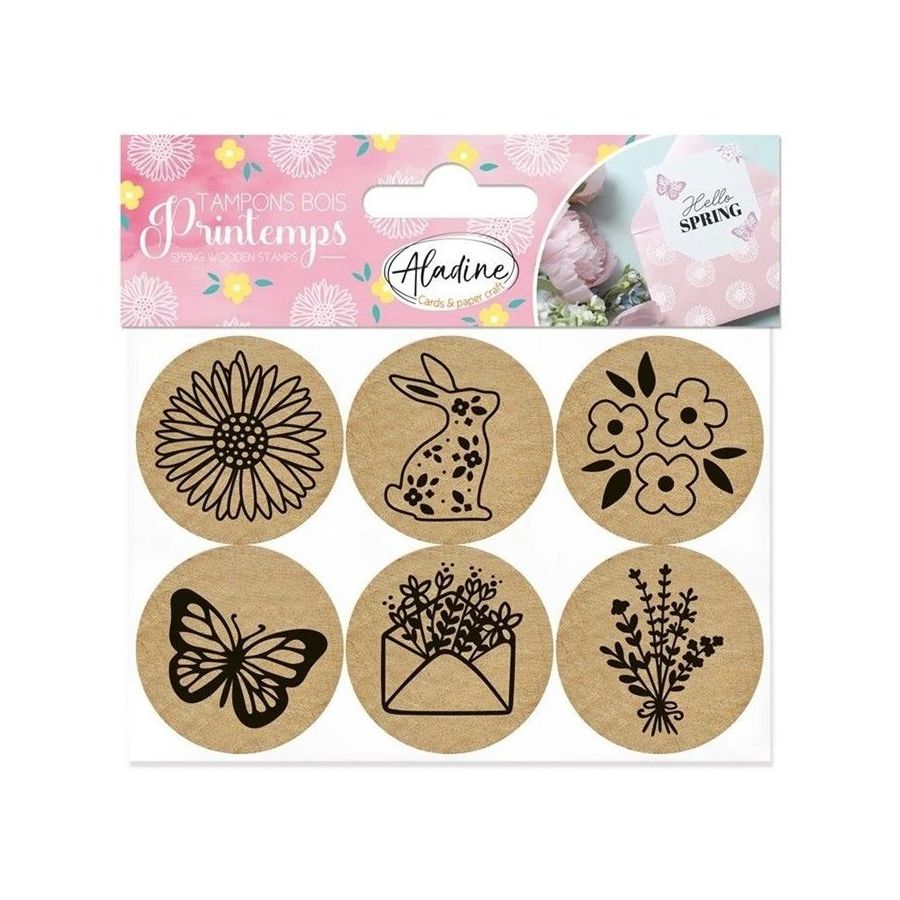 Lot de 6 tampons en bois ronds Printemps (motifs lapin, fleurs, papillon…)