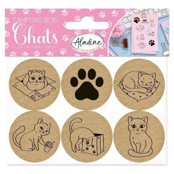 Lot de 6 tampons en bois ronds Chats (motifs félins)