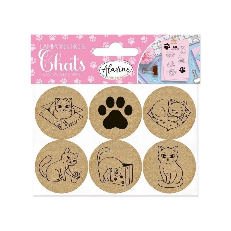 Lot de 6 tampons en bois ronds Chats (motifs félins)