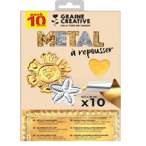 Kit métal à repousser 18,5x29 cm 10 feuilles Or & Argent – Graine Créative
