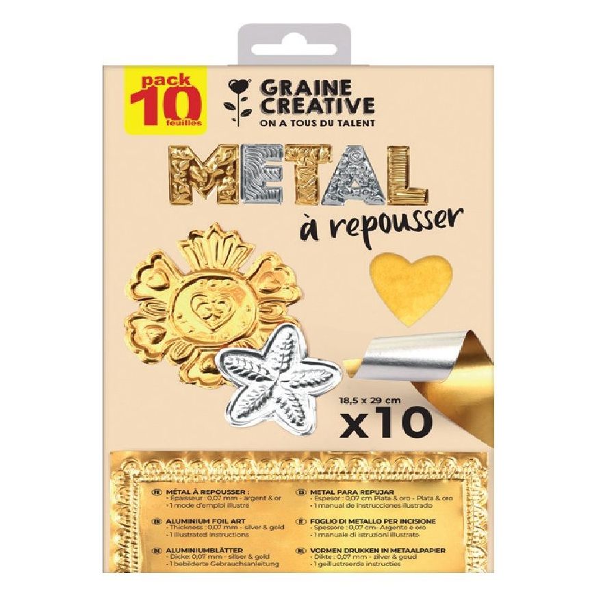 Kit métal à repousser 18,5x29 cm 10 feuilles Or & Argent – Graine Créative