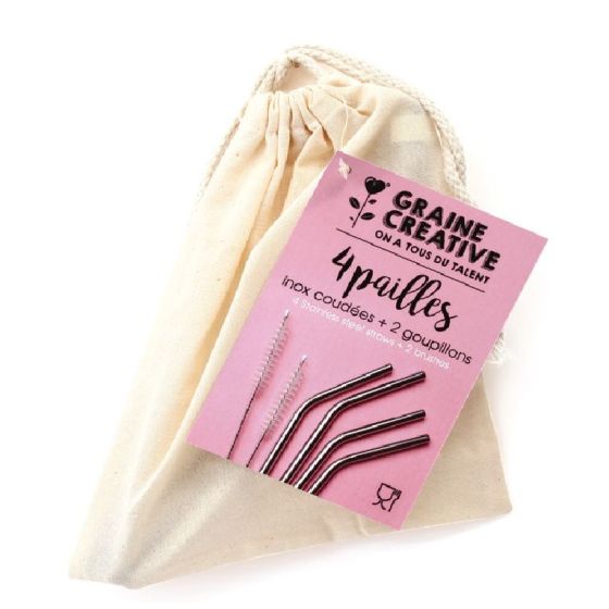 Lot de 4 pailles inox coudées avec 2 goupillons de nettoyage