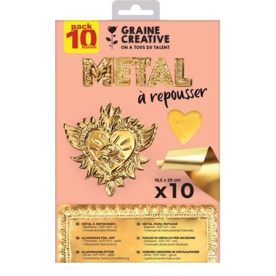 Kit métal à repousser 18,5x29 cm 10 feuilles Or / Or – Graine Créative