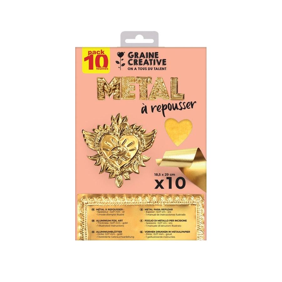 Kit métal à repousser 18,5x29 cm 10 feuilles Or / Or – Graine Créative