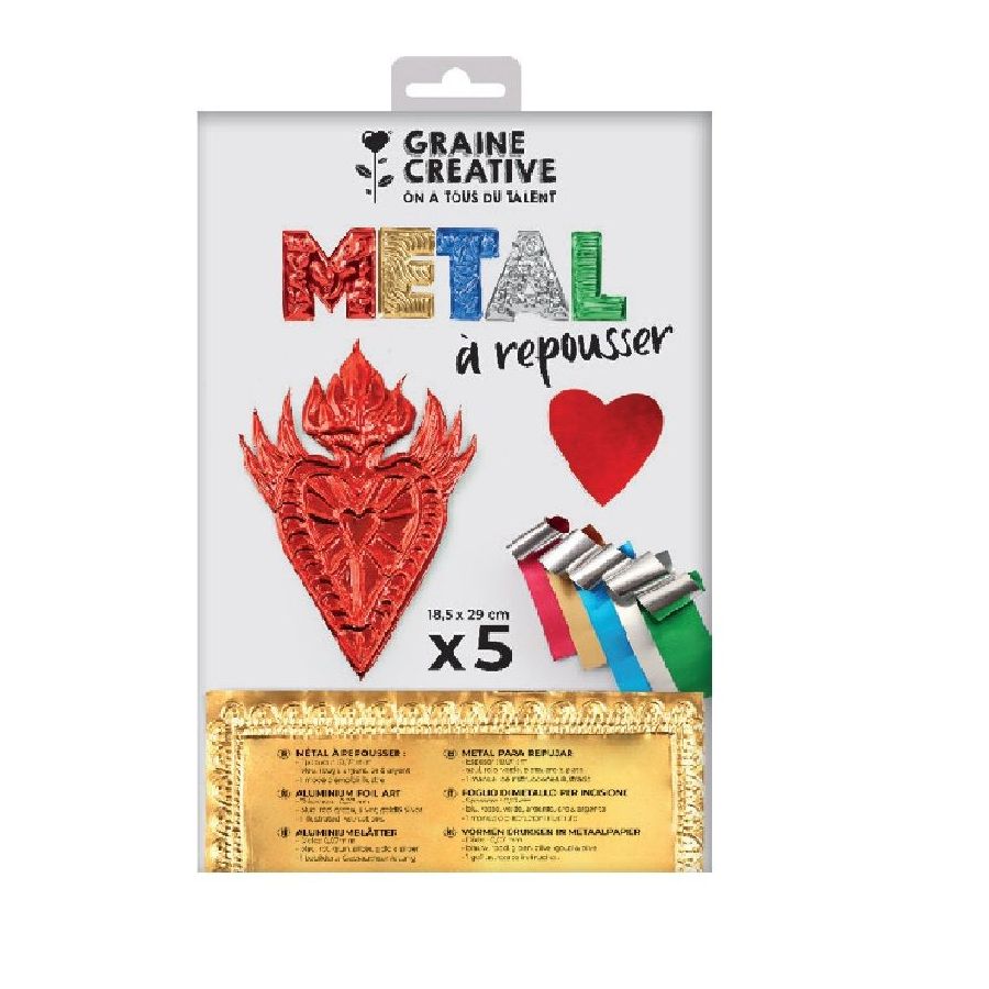 Kit métal à repousser 18,5x29 cm 5 feuilles bleu, vert, rouge, argent, or & argent – Graine Créative