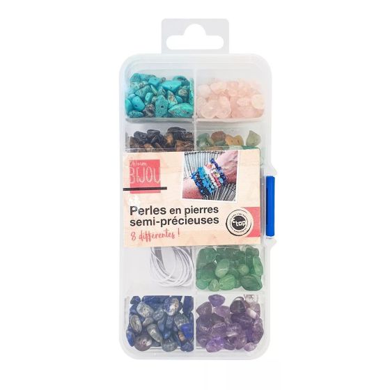 Boite de Perles en pierre semi-précieuses 8 couleurs avec élastique 8x14g