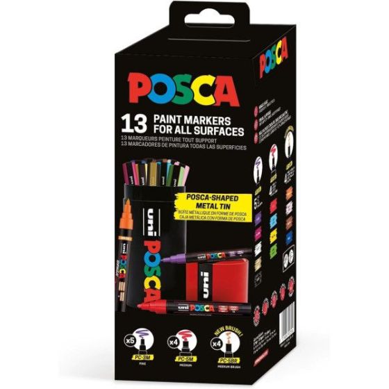 Tube métal pour 13 feutres Posca - 5 PC-3M - 4 PC-5M et 4 PC-5BR