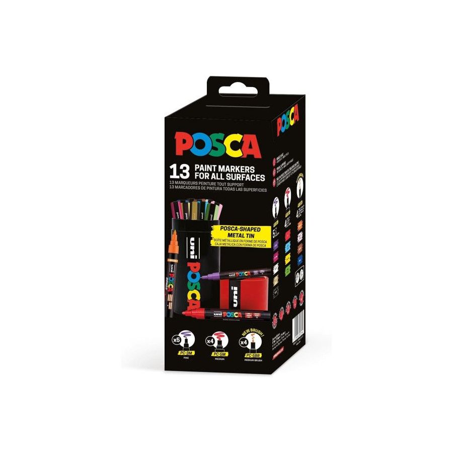 Tube métal pour 13 feutres Posca - 5 PC-3M - 4 PC-5M et 4 PC-5BR