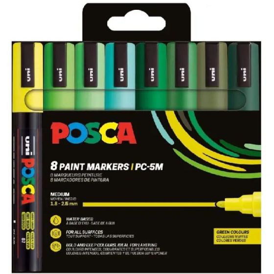 Pochette Feutres - POSCA - PC5M - 8 couleurs - Tons verts - Assorties