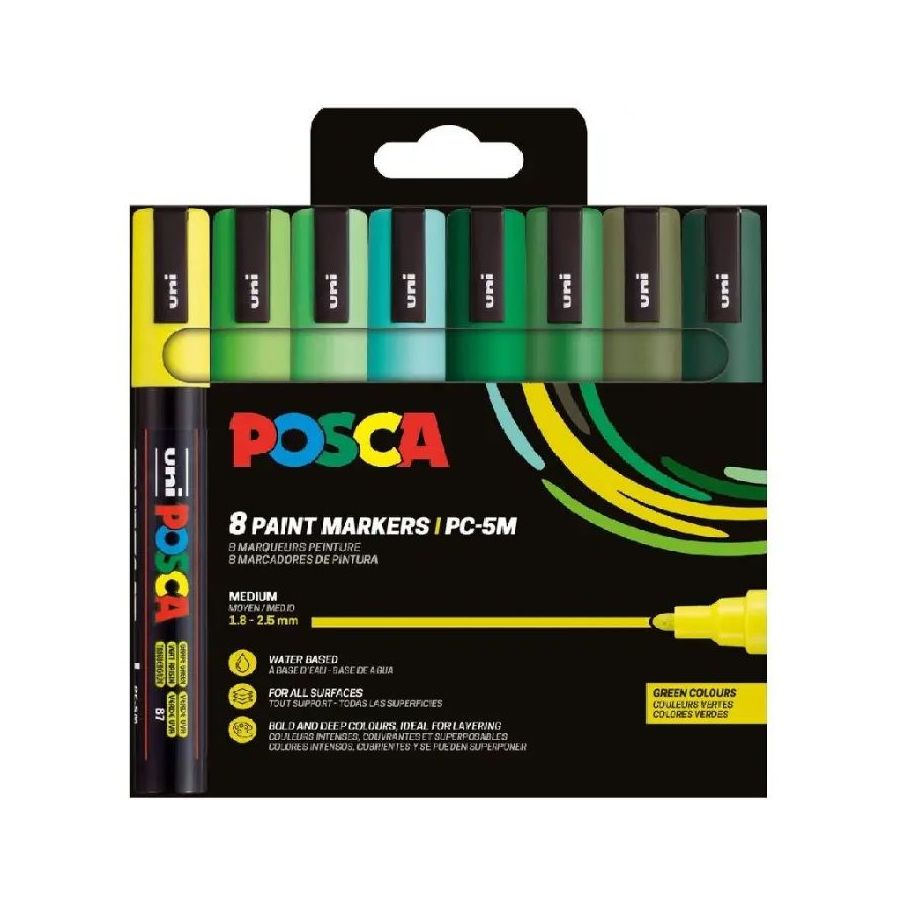 Pochette Feutres - POSCA - PC5M - 8 couleurs - Tons verts - Assorties