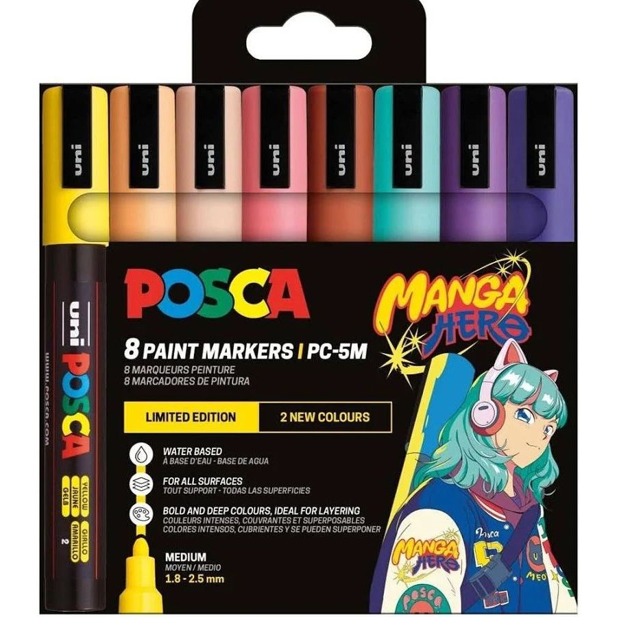 Pochette Feutres - POSCA - PC5M - 8 couleurs - Manga Hero - Assorties