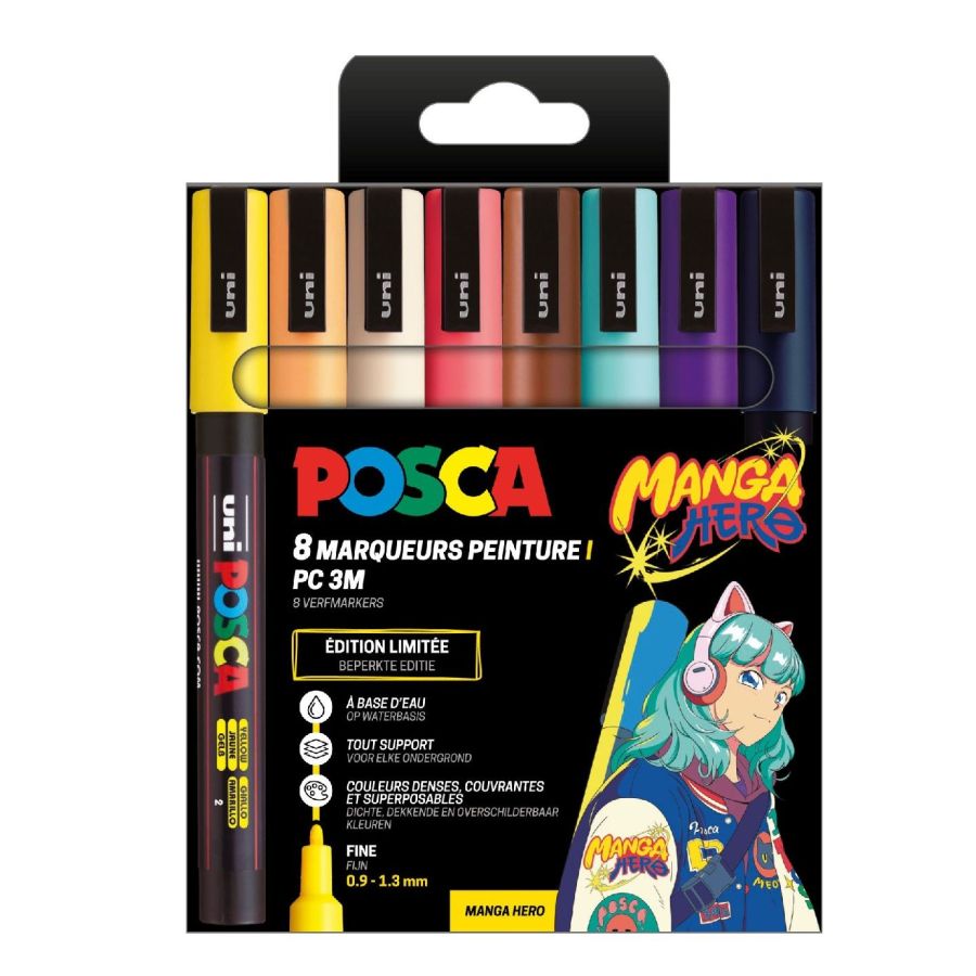 Pochette Feutres - POSCA - PC3M - 8 couleurs - Manga Hero - Assorties
