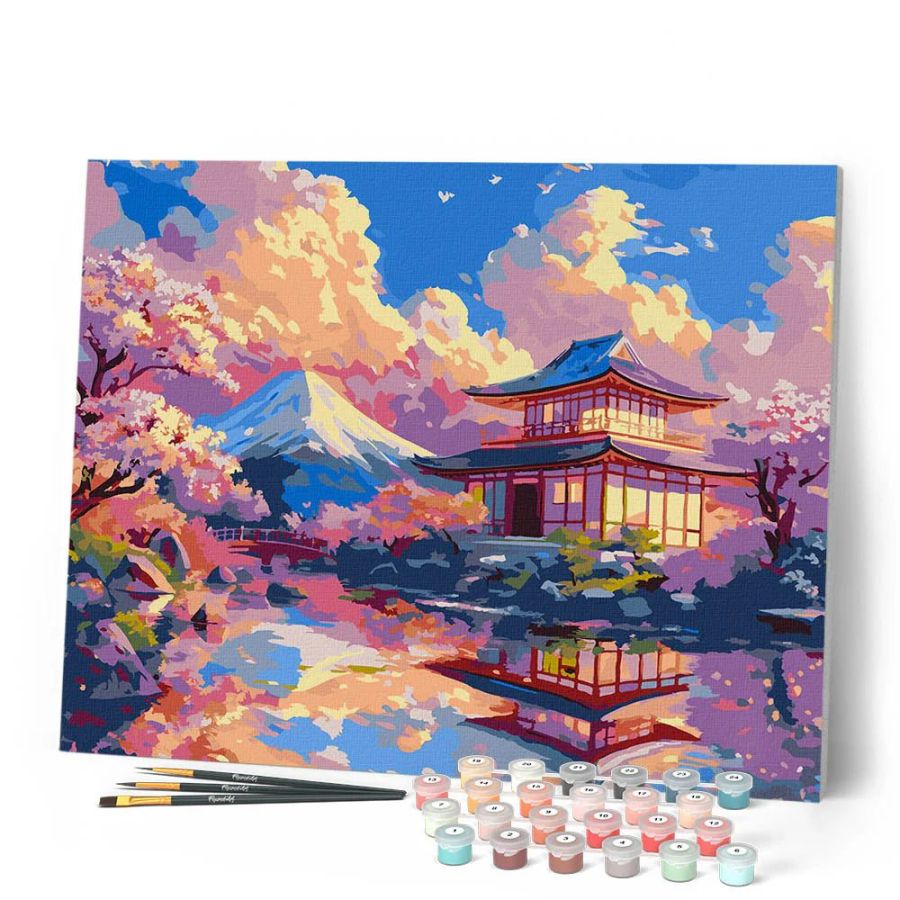 Peinture par Numéro 40x50 tendue sur châssis – Vue du temple avec le Mont Fuji