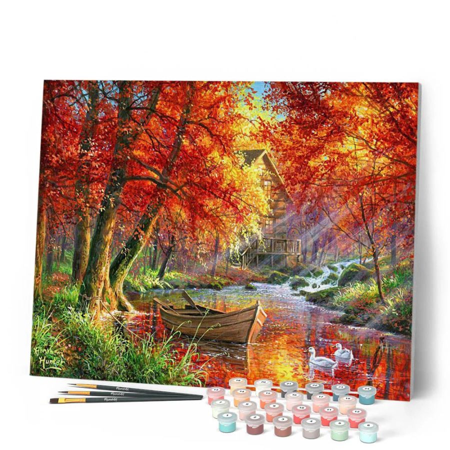 Peinture par Numéro 40x50 tendue sur châssis – Rivière d'automne et barque