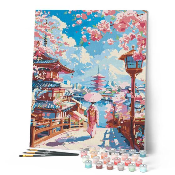 Peinture par Numéro 40x50 tendue sur châssis – Rue des cerisiers en fleurs à Kyoto