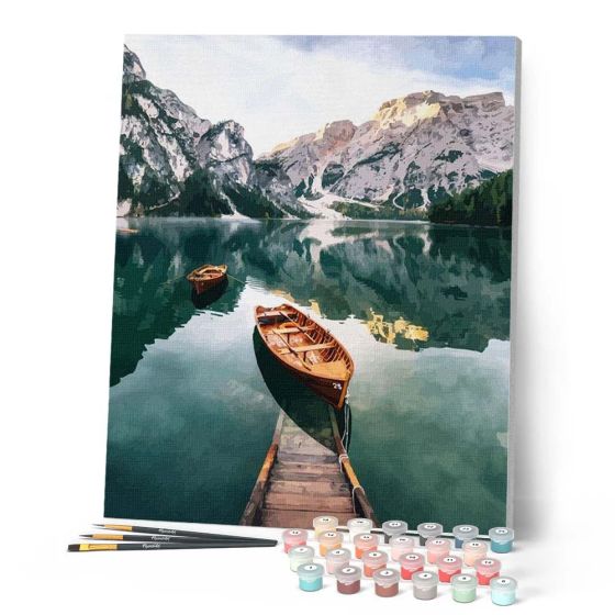 Peinture par Numéro 40x50 tendue sur châssis – Barque et lac de montagne