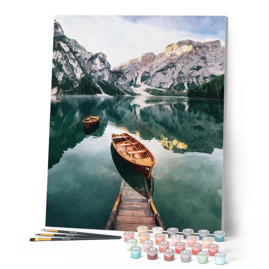 Peinture par Numéro 40x50 tendue sur châssis – Barque et lac de montagne