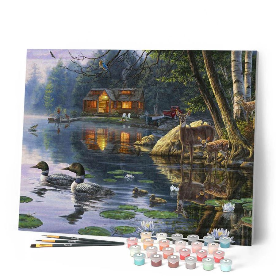 Peinture par Numéro 40x50 tendue sur châssis – Chalet au bord du lac