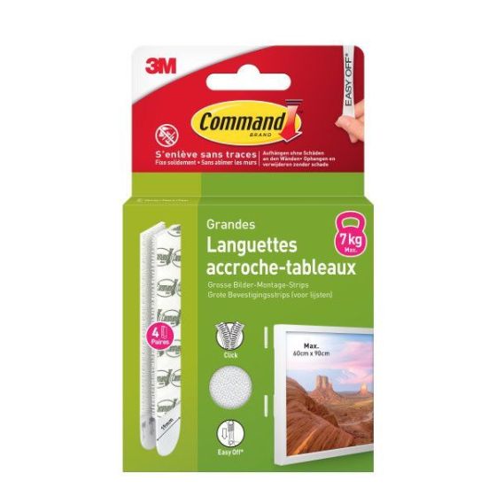 Languette adhésive accroche-tableaux grandes 3M Command max 7kg - 4 paires 19mm
