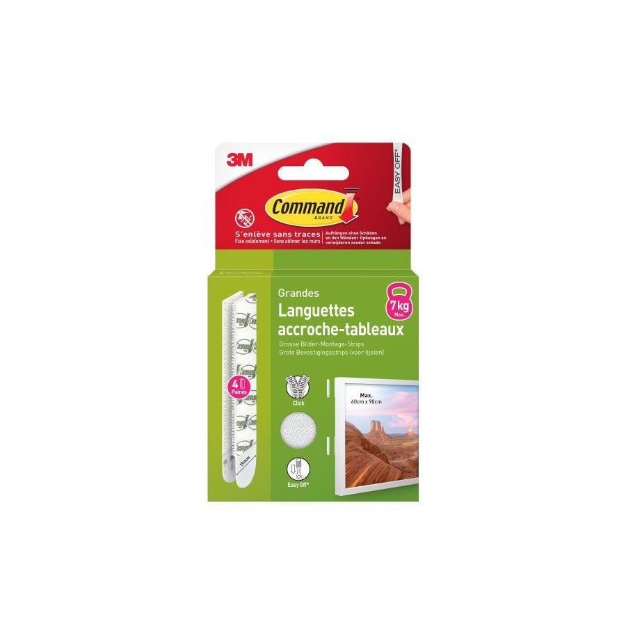 Languette adhésive accroche-tableaux grandes 3M Command max 7kg - 4 paires 19mm