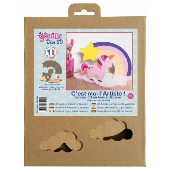 Support en bois à décorer 3D  : Licorne et arc-en-ciel