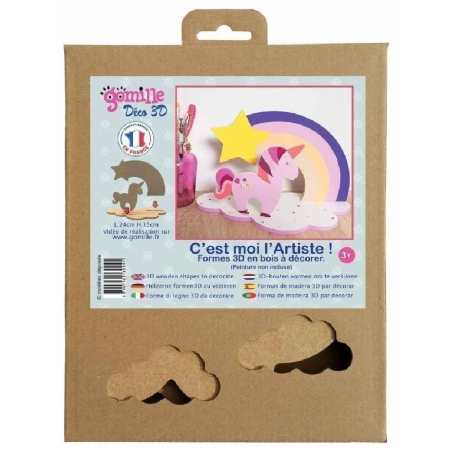 Support en bois à décorer 3D  : Licorne et arc-en-ciel