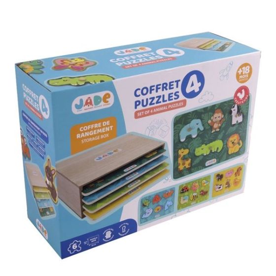 Coffret 4 puzzles bois a picots - tiroir rangement MGM