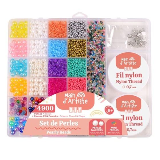 Boite de 4900 perles 27 cases avec perles nacrees, rondes, fil et ciseaux -  MGM