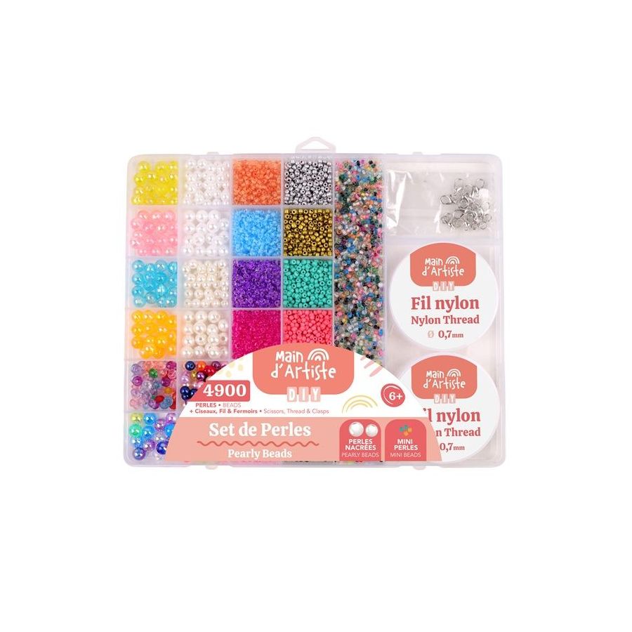 Boite de 4900 perles 27 cases avec perles nacrees, rondes, fil et ciseaux -  MGM