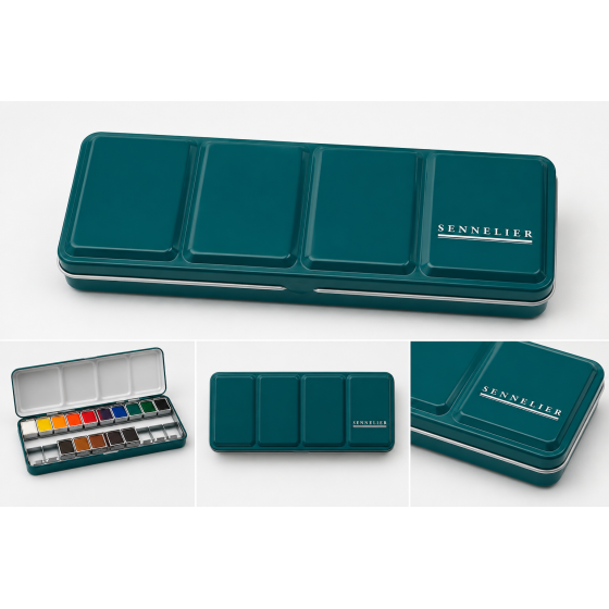 Boite métal aquarelle fine  12 1/2 godets + 6 1/2 godets offerts "La petite aquerelle" Sennelier