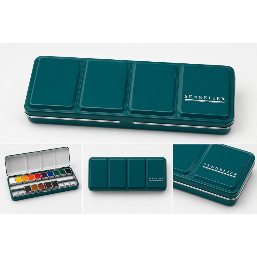 Boite métal aquarelle fine  12 1/2 godets + 6 1/2 godets offerts "La petite aquerelle" Sennelier