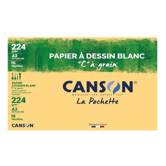 Pochette 10 Feuilles à dessin Blanc C à Grain 224G A3