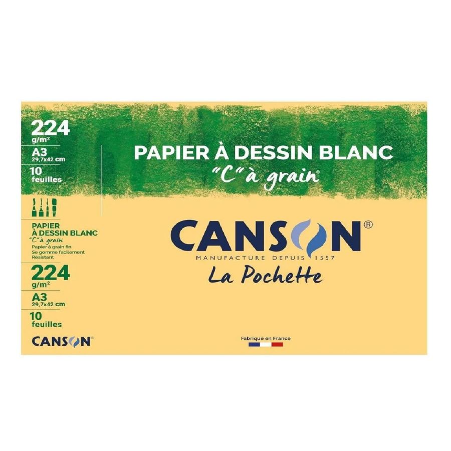 Pochette 10 Feuilles à dessin Blanc C à Grain 224G A3