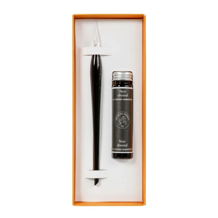 Coffret Plume de Verre & Encre Noir abyssal 15ml - Jacques Herbin