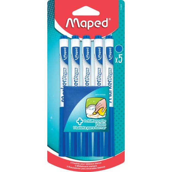 Set Marker Effaçable à sec - x5 pcs + Chiffonnette - Bleu - Maped