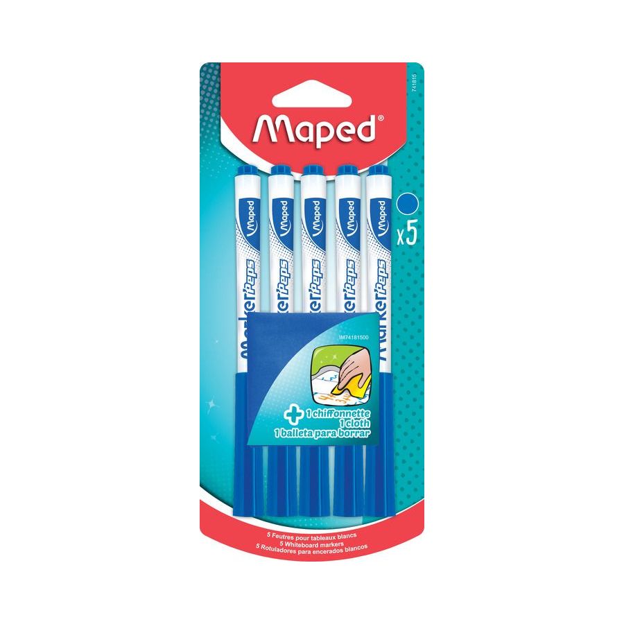 Set Marker Effaçable à sec - x5 pcs + Chiffonnette - Bleu - Maped