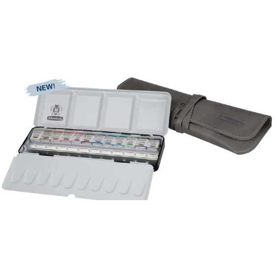 Boite en metal aquarelle, 12 X 1/2 godets, etui en cuir