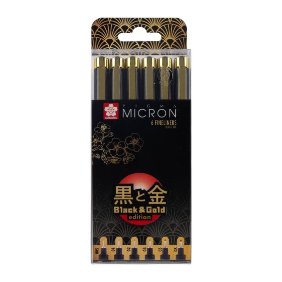 Pack de 6 feutres fins noirs Pigma Micron Black & Gold Edition - Sakura
