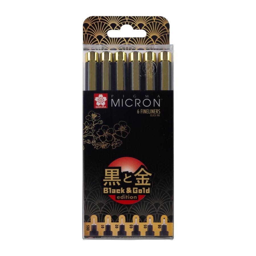 Pack de 6 feutres fins noirs Pigma Micron Black & Gold Edition - Sakura Pack de 6 feutres fins noirs Pigma Micron Black & Gold Edition - Sakura