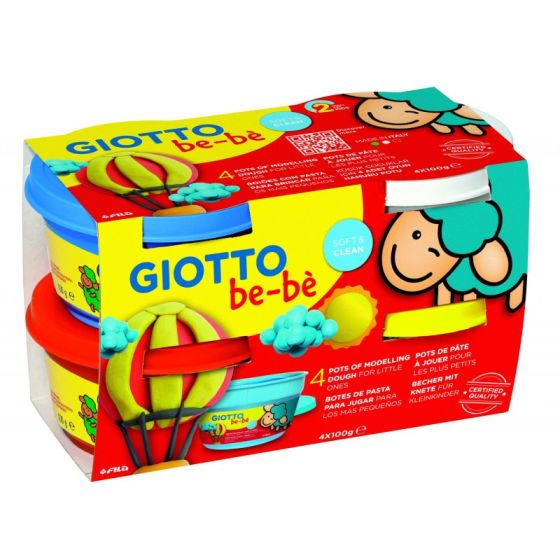 GIOTTO be-bè pâte à modeler- 4 pots rouge, jaune, blanc et cyan 100gr