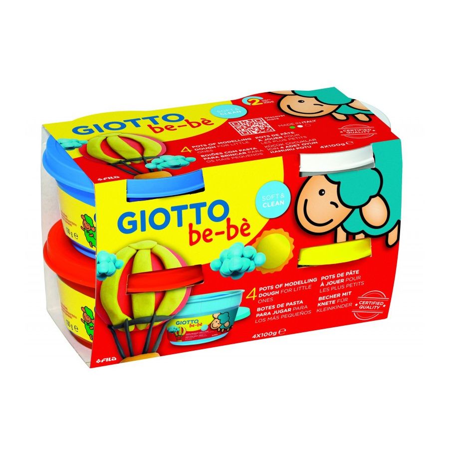 GIOTTO be-bè pâte à modeler- 4 pots rouge, jaune, blanc et cyan 100gr