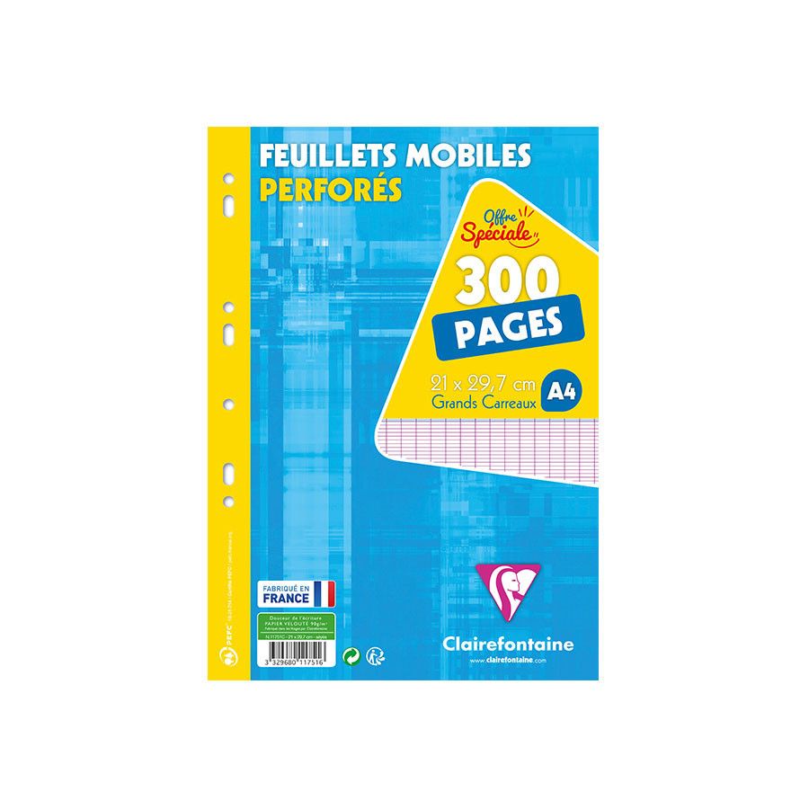 Clairefontaine Feuillets Mobiles Perfores Grand Carreaux 300 Pages A4