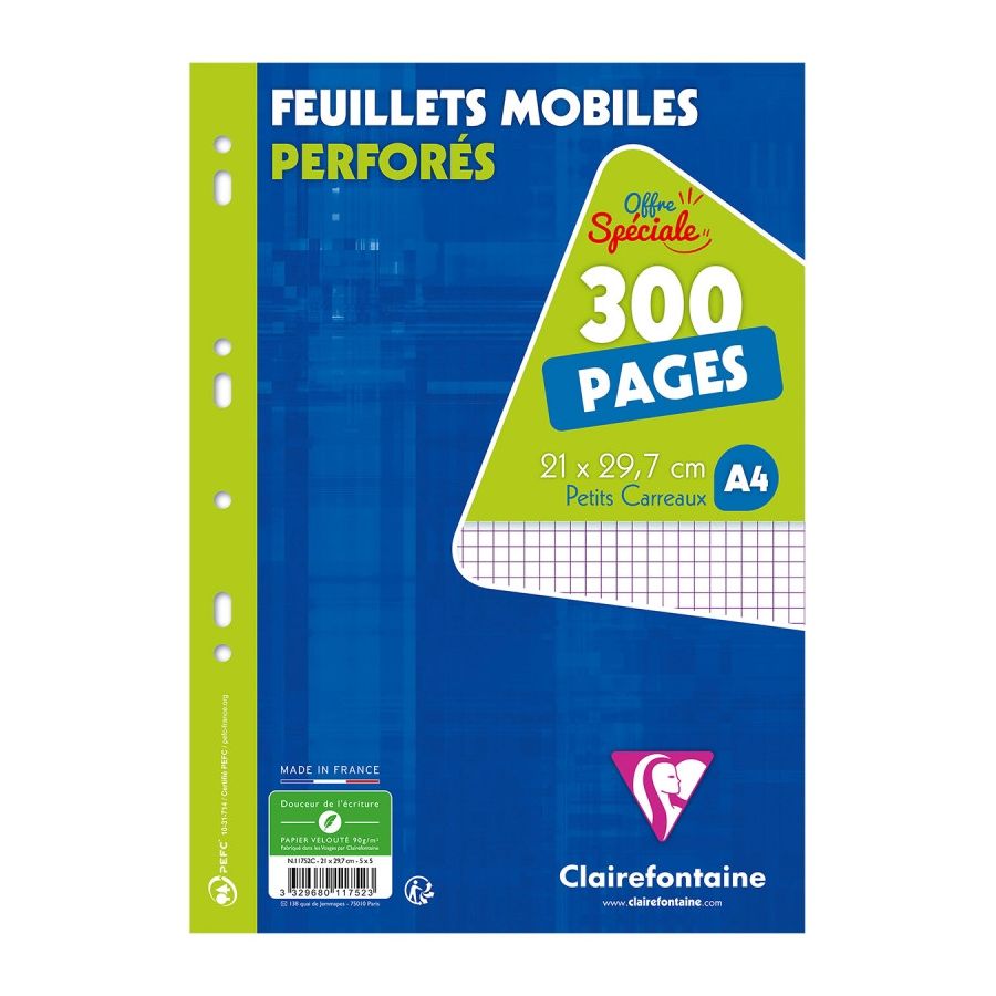 Clairefontaine Feuillets Mobiles Perfores Petits Carreaux 5X5 300 Pages A4