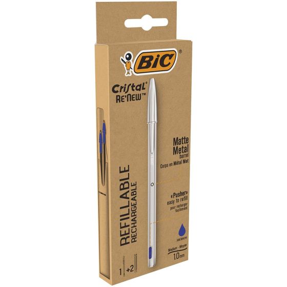 Stylo Bic Bleu Cristal Re'New Rechargeable + 2 Recharges