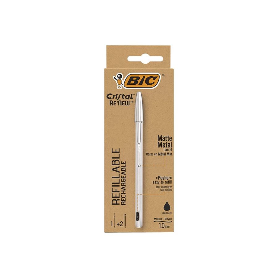 Stylo Bic Noir Cristal Re'New Rechargeable + 2 Recharges