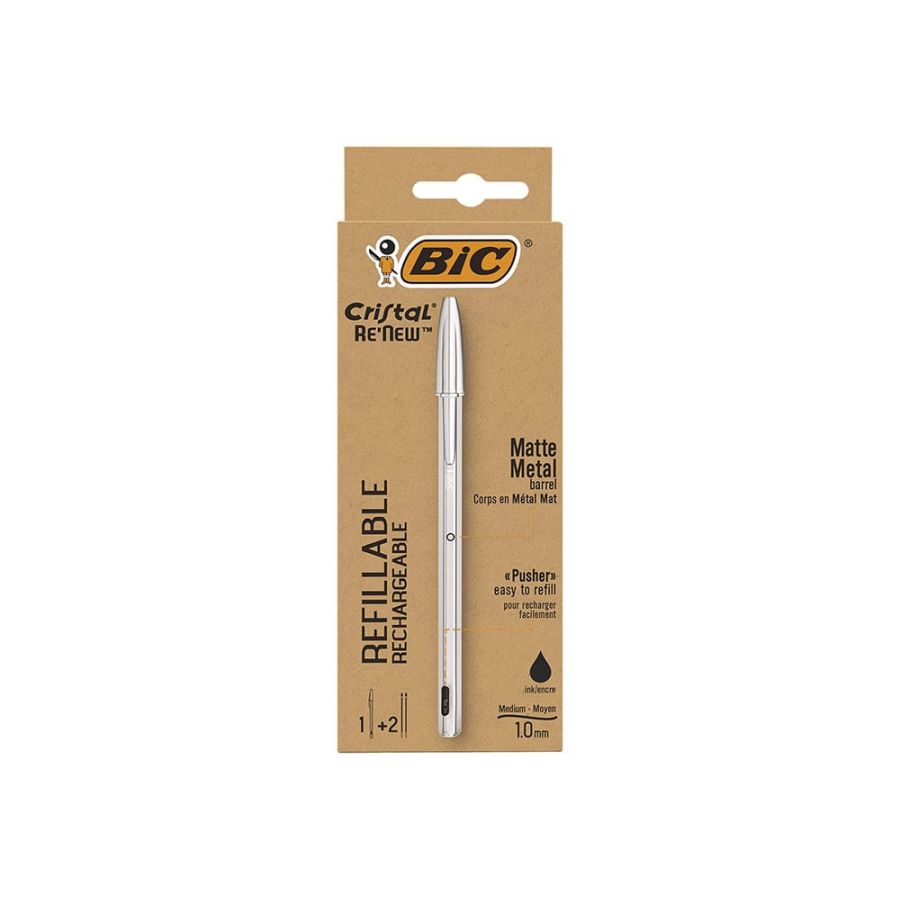 STYLO BIC NOIR CRISTAL RE'NEW RECHARGEABLE + 2 RECHARGES